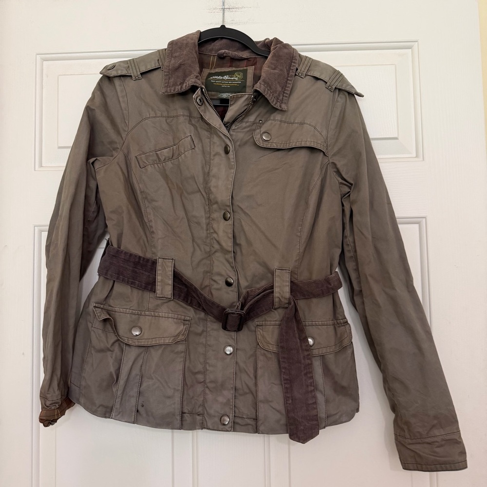 Eddie Bauer Women's Utility Belted Jacket Olive Brown Trim 2009 Y2K Size Medium